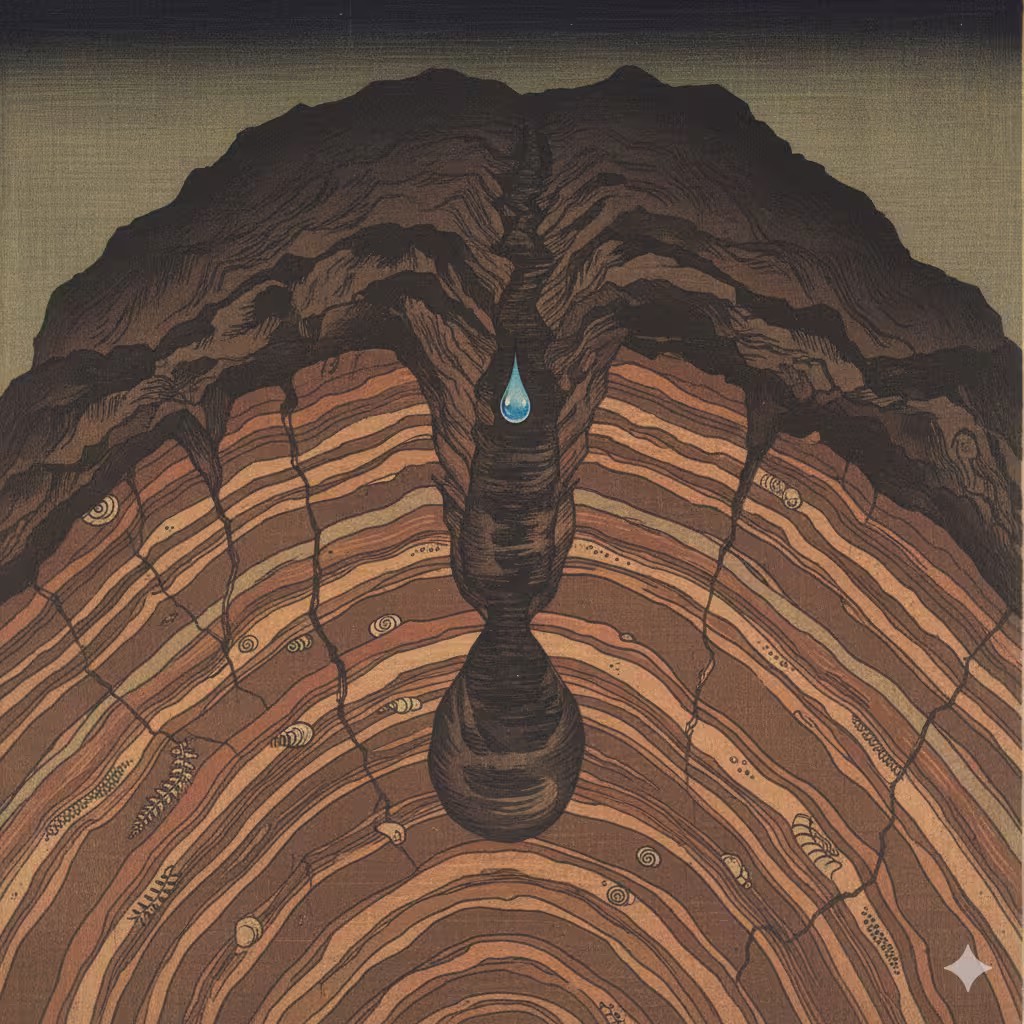 A single drop of water wearing away stone, rendered in cross-section showing years of imperceptible progress