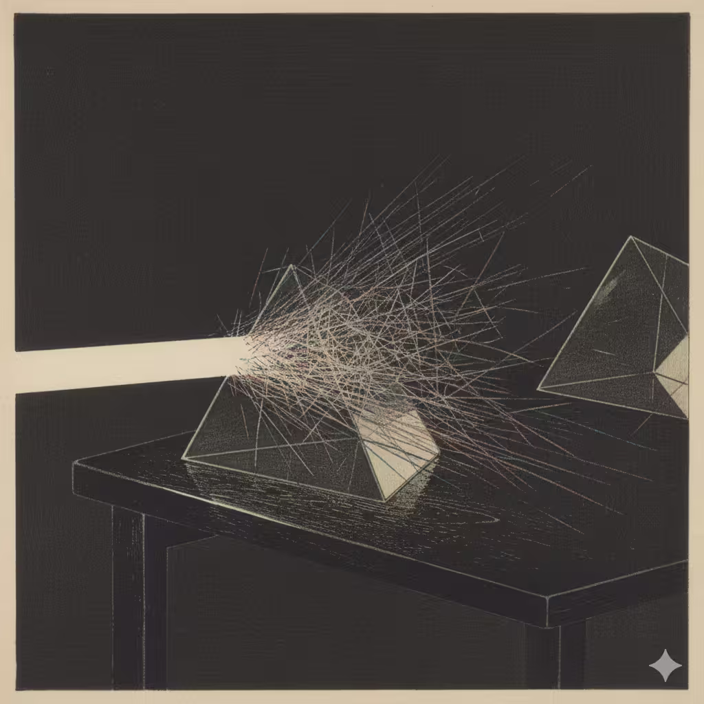 A single beam of light entering a prism and exploding into hundreds of chaotic, tangled rays that never reconverge