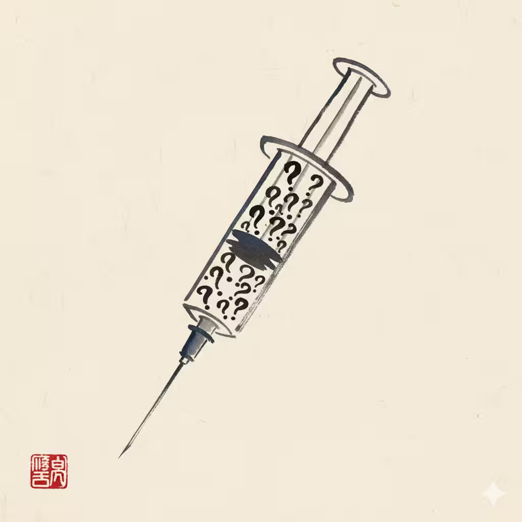 Illustration of a syringe filled with question marks